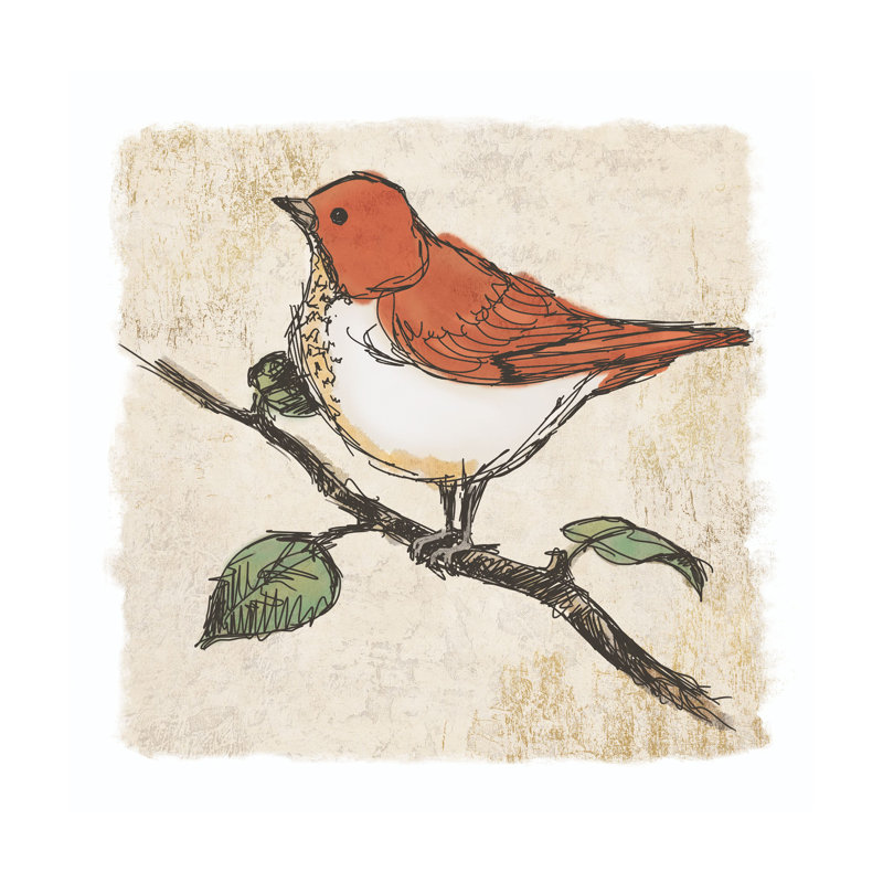Petit oiseau rouillé sur une branche - reproduction sur toile, H 30 po x l 30 po