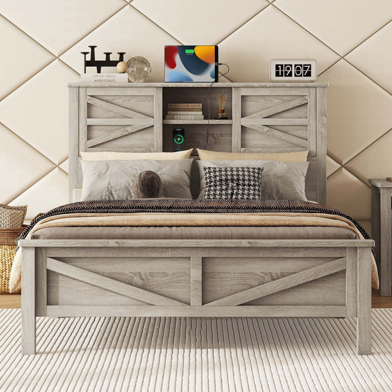 Lit plateforme Farmhouse avec porte de grange coulissante double, Gris antique, Double