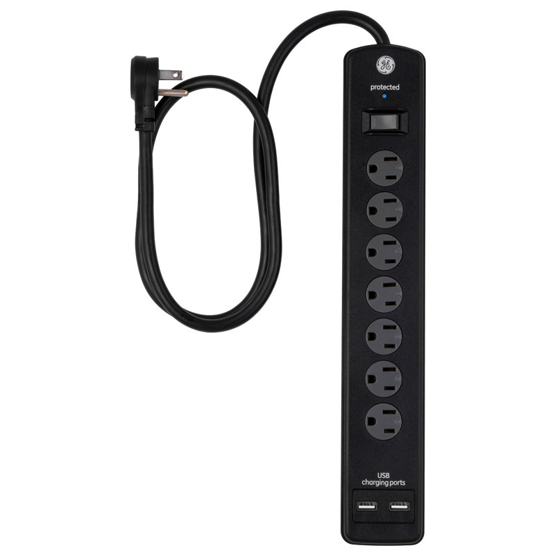 GE 3-ft 7-Outlet 2-USB-A Surge Protector, 1300J, 33664