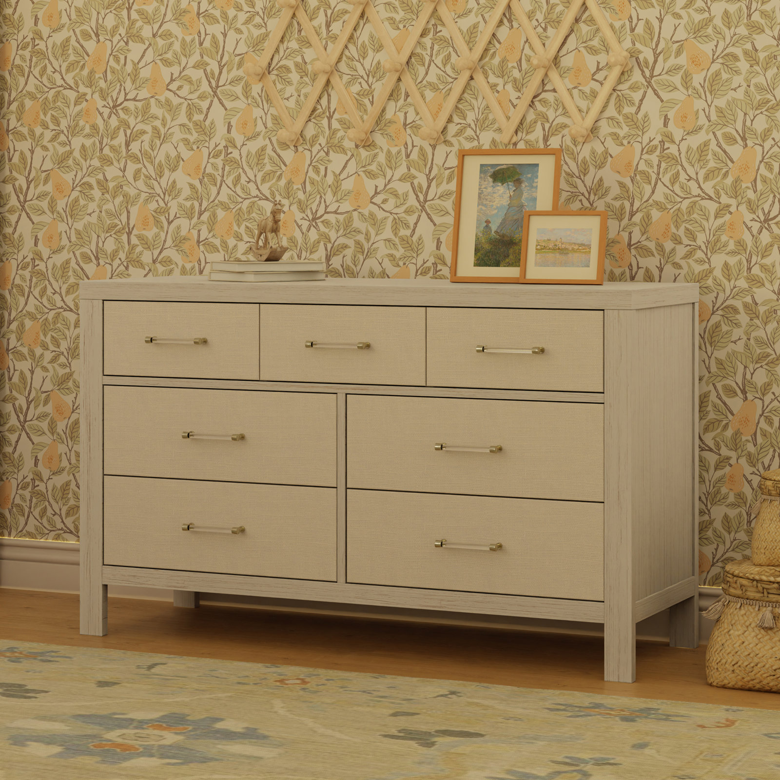 Eloise 7-Drawer Assembled Dresser, White Driftwood/Performance Pearl Eco-Weave
