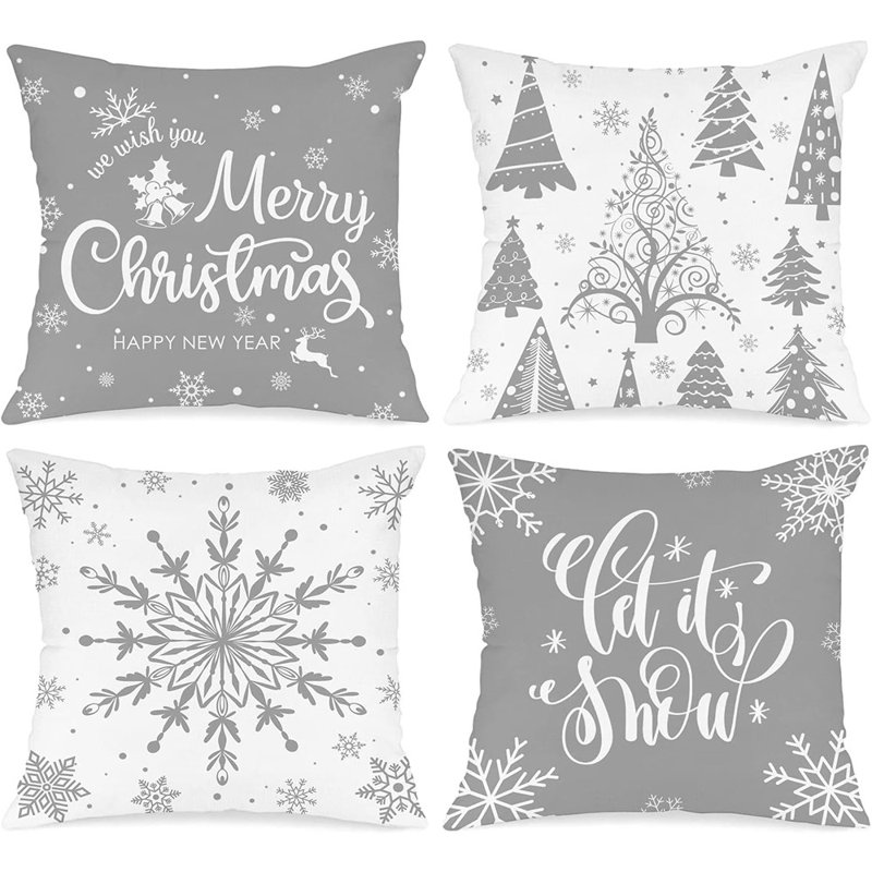 Ensemble de 4 housses de coussin blanches et grises de Noël 18 x 18, housses de coussin décoratives en forme de flocon de neige gris d'hiver de 18 pouces pour chambre à coucher