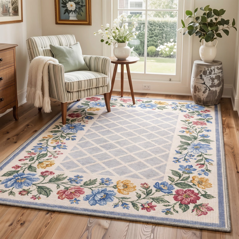 Tapis ivoire / bleu en treillis lavable à la machine avec envers antidérapant, Rectangle 5' x 7'