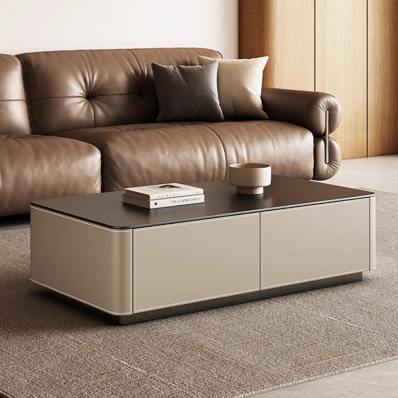 Saddle leather rectangular rock plate end table, 15" H x 51.2" L x 27.6" W