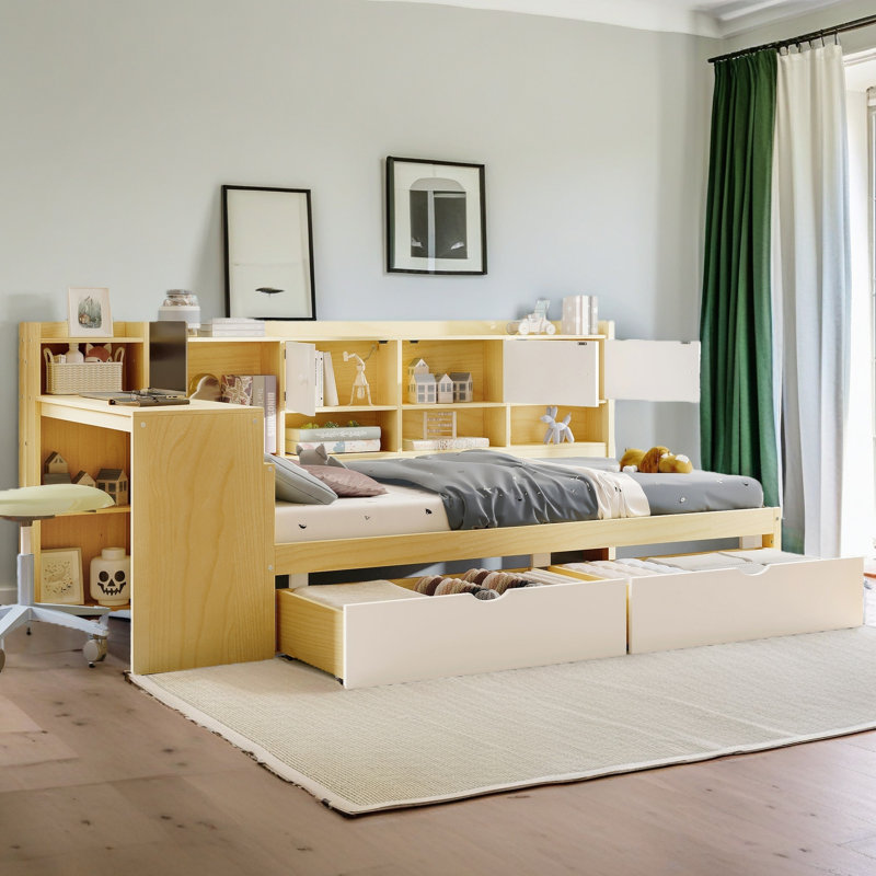 Wooden L-Shape Daybed With Seven Storage Cabinets And Two Storage Drawers, Multi-Functional Bed With Study Desk And Built-In Bookshelf