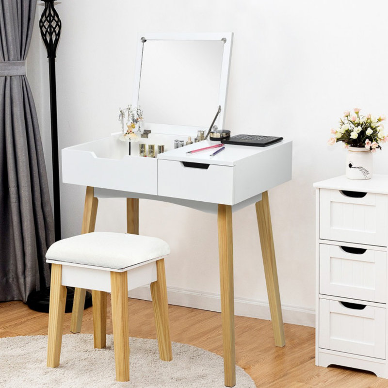 Table de coiffeuse en bois avec miroir rabattable et tabouret rembourré