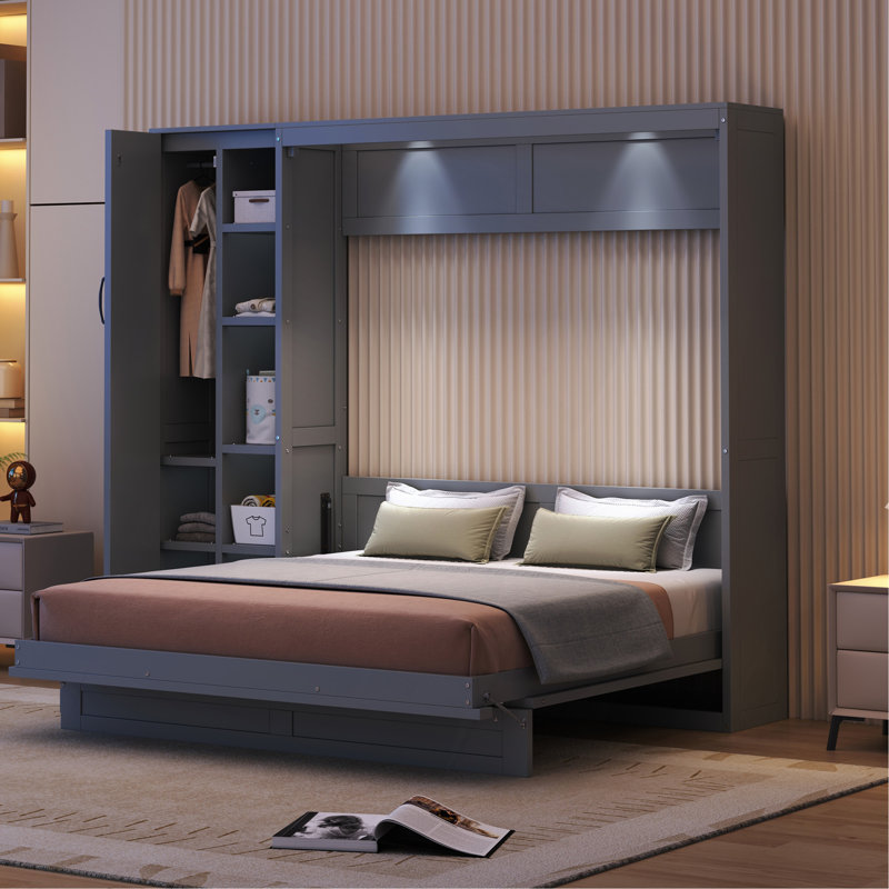 Grand lit escamotable mural avec tablettes, garde-robe et lumières DEL, gris