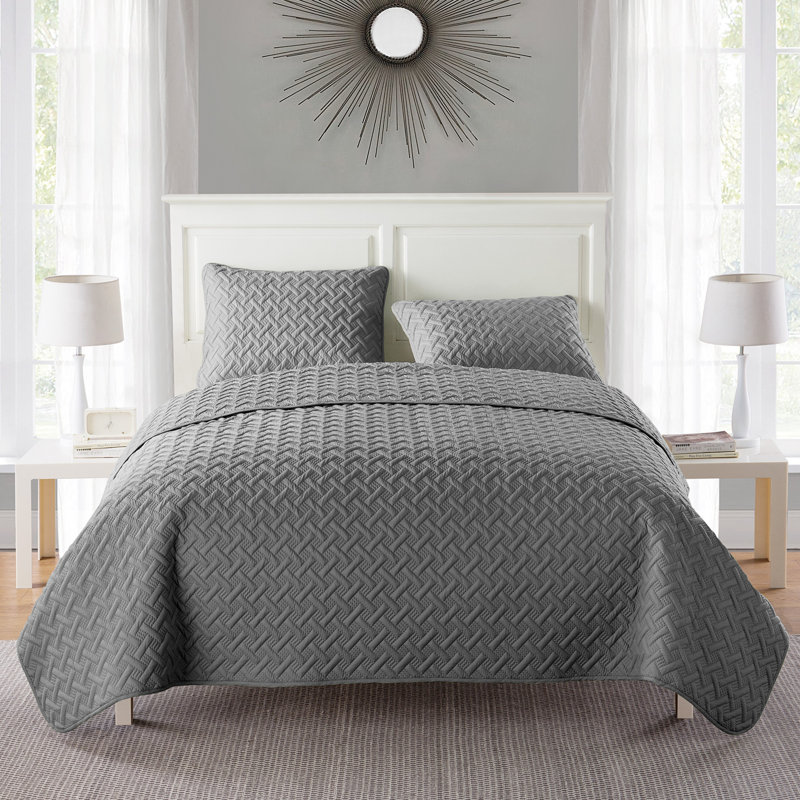 Nina Embossed Basketweave Quilt Set, Grey, Twin Coverlet + 1 Sham