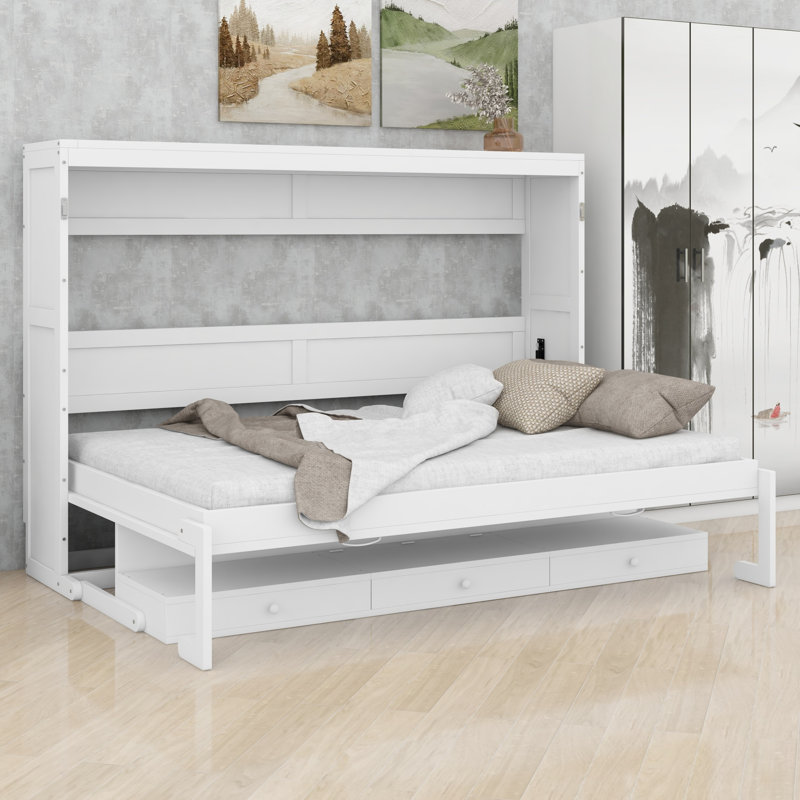 Lit escamotable avec rangement, armoire-lit pliable avec coiffeuse, miroir central et 2 tiroirs latéraux, Blanc