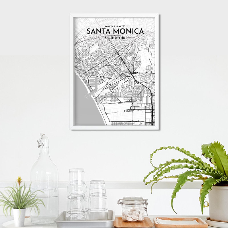 Santa Monica, carte de la ville, impression, Gris / blanc, H 24 po x l 18 po