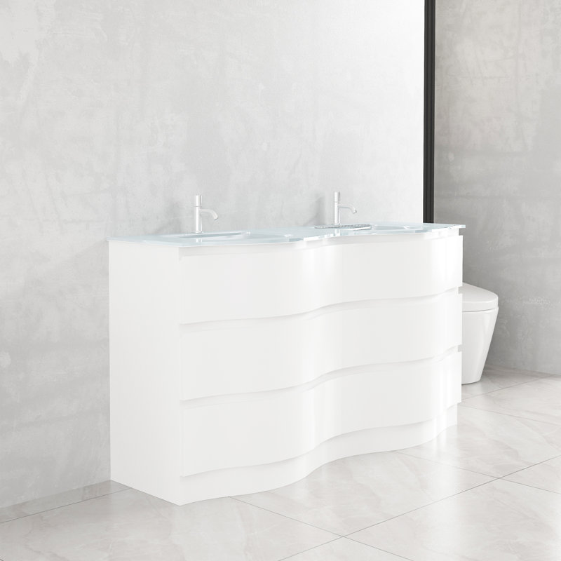Gabbie 60 po L x 21 po P 3 tiroirs Meuble-lavabo autoportant avec évier simple et Comptoir en Verre blanc
