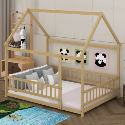 Floor Bed Frame With Roof, Wooden Montessori Bed With Fence, House Bed For Bedroom