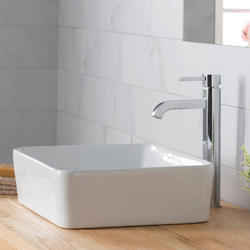 Ceramic Rectangular Vessel Bathroom Sink with Faucet, Chrome