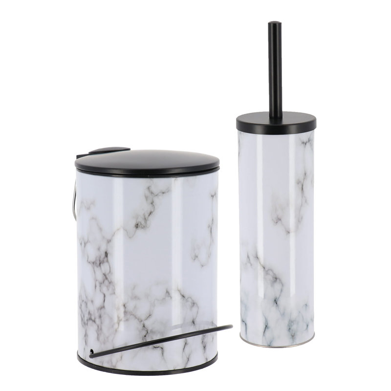Ensemble de salle de bain 2 pièces Carrara Noir, poubelle 3 litres et porte-brosse de toilette mince, marbre noir et blanc, accents mat