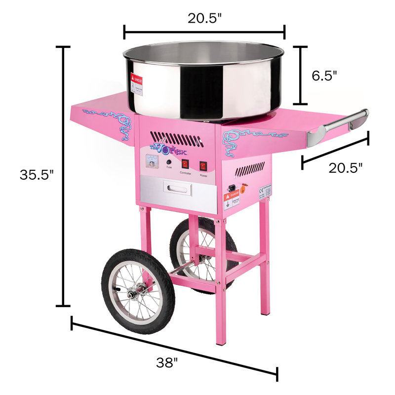 Cotton Candy Machine with Cart - Vortex Candy Maker with Stainless-Steel Pan, 2 Side Trays, and 13-inch Wheels by Great Northern Popcorn (Pink)