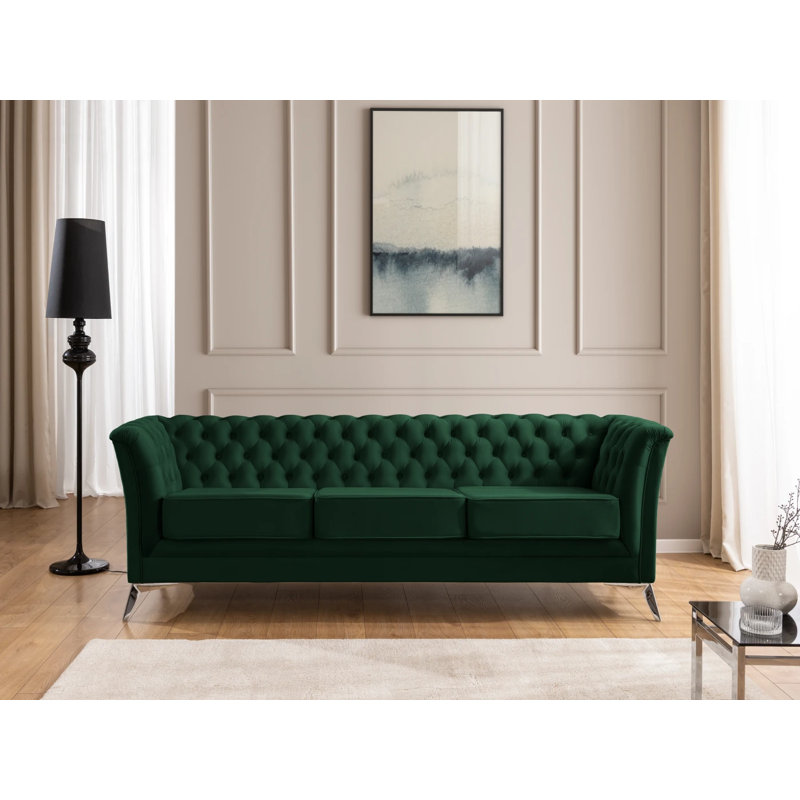 Whitby 3 Seater Velvet Sofa, Bottle Green, Chrome