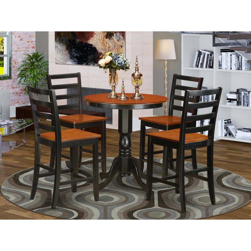 5 Piece Counter Height Dining Table Set Includes a Round Kitchen Table with Pedestal and 4 Dining Chairs, Black & Cherry