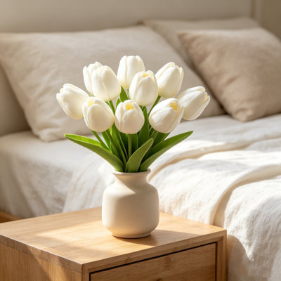 15PCS Artificial Tulips Silk Flowers Long Stem Green Leaves for Vase Wedding Party Kitchen Office Home Bedroom Table Centerpiece