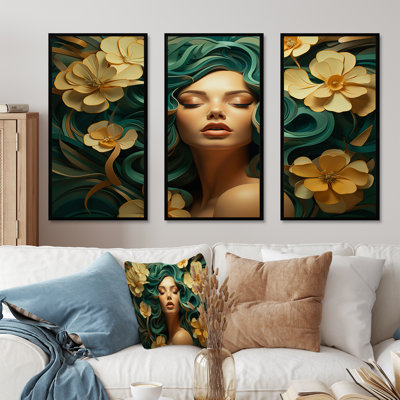 Femme verte et dorée avec une fleur sur le visage - art mural floral femme
