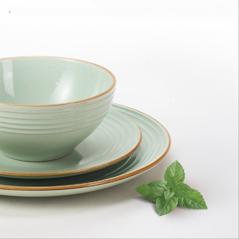 Stoneware Dinnerware Set 12 Piece - Service for 4, Light Green
