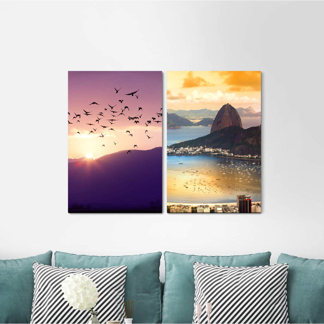 2-tlg. Leinwandbilder-Set - Fotografie „Flock of Birds Rio De Janeiro Brazil Sea Sunset Mountains”