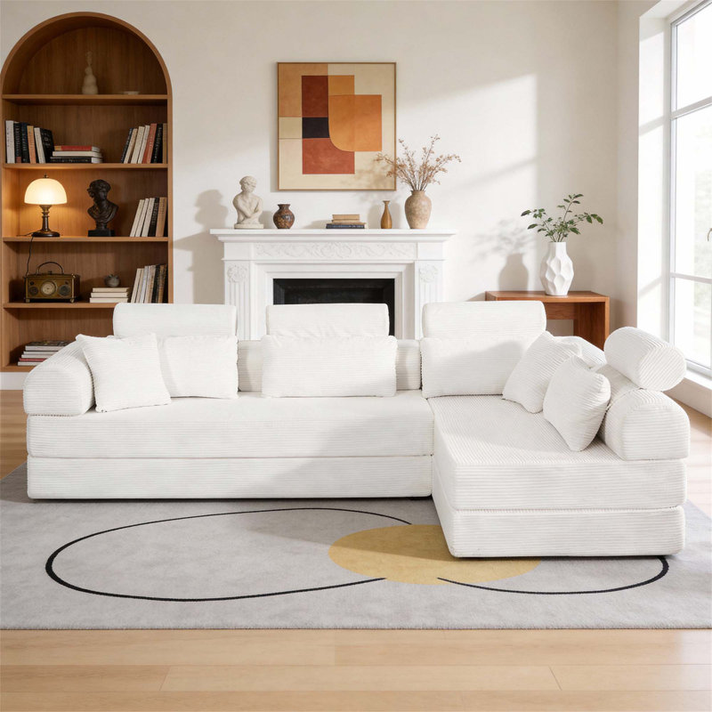 Canapé modulaire en forme de L, canapé modulaire compressé en velours côtelé de style minimaliste moderne, se déplie en un lit, conception compacte pour plus de confort et de flexibilité