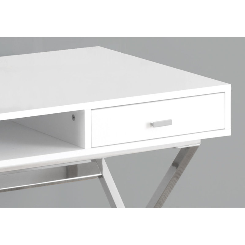 Table de bureau moderne avec plateau blanc lustré et plusieurs rangements. Bureau d'ordinateur contemporain pour appartement - Pied en métal pour ordinateur portable, 2 tiroirs et une tablette ouverte, 122 cm (48 po) de long.