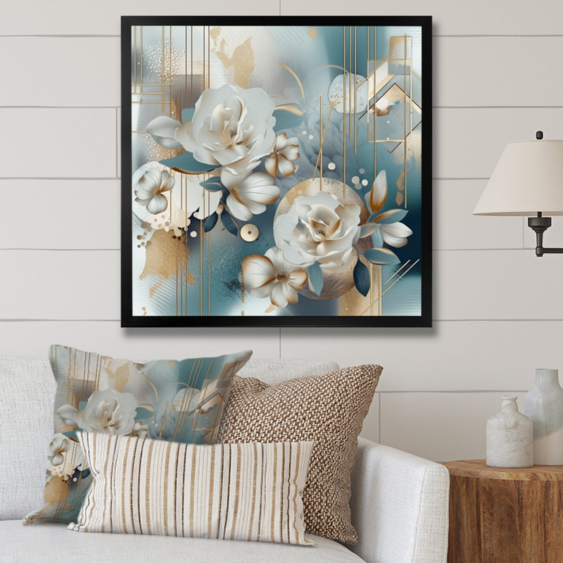 Marbre doré bleu, motif floral IV - impression, H 36 po x l 36 po x P 1,5 po, Cadre photo noir