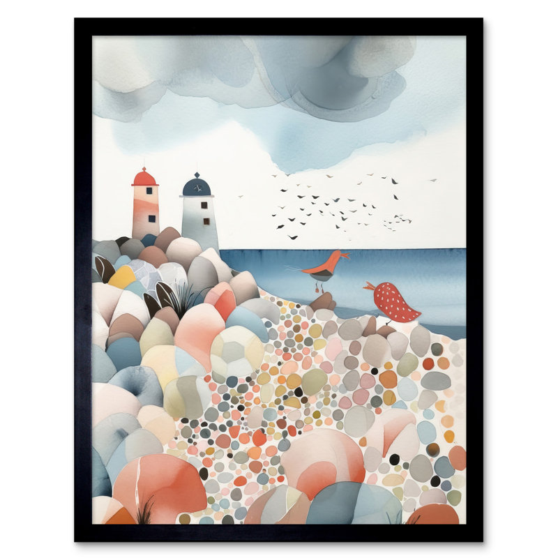 Lighthouses On Multicoloured Pebble Beach Watercolour Painting Art Print Framed Poster Wall Decor 12x16 inch