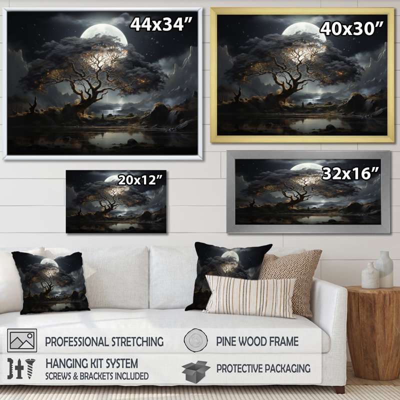 «Grey Tree Essence of Light - Trees», art mural, H 16 po x l 32 po x P 1 po, Cadre flottant blanc
