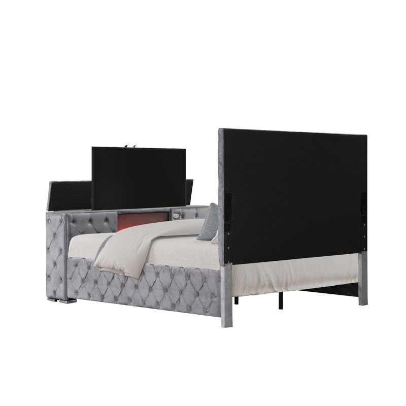 Lit capitonné et rembourré de style moderne Encore en bois (lit seulement), Grand, Gris