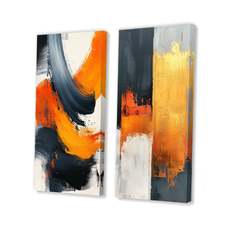 «Balck And Orange Converge Dream I - Minimalisme», ensemble d'art mural 2 pièces, Toile tendue, H 28 po x l 24 po