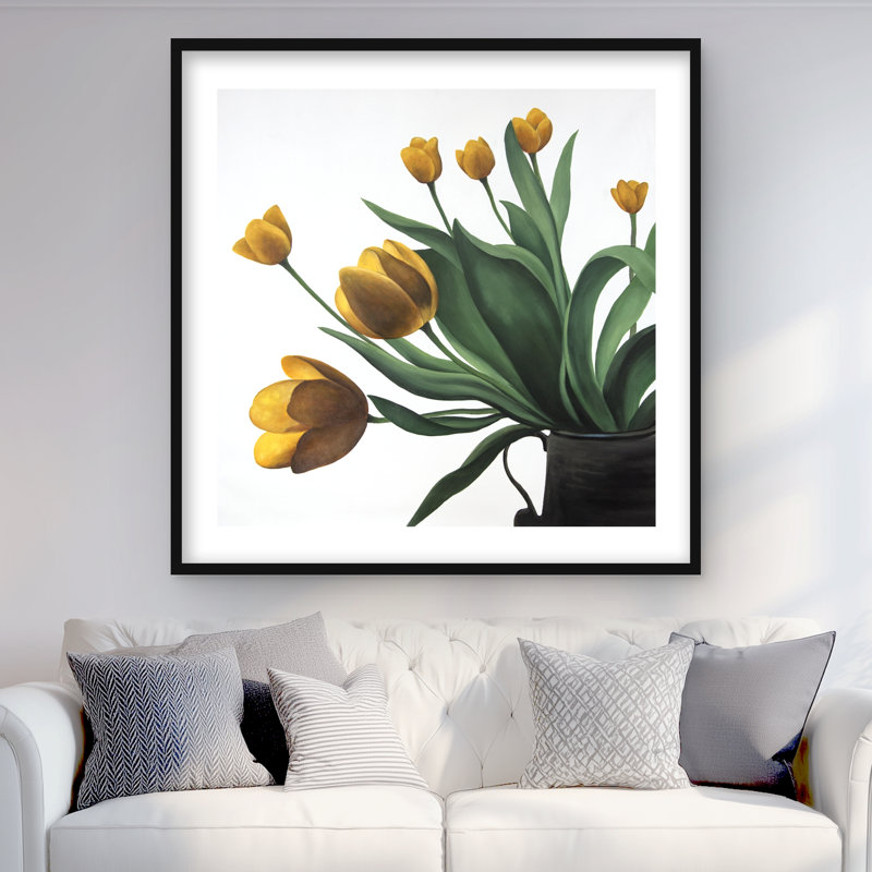 Tulipes jaunes - imprimé floral mat pour la décoration intérieure | Encadré, Jaune; vert, Noir