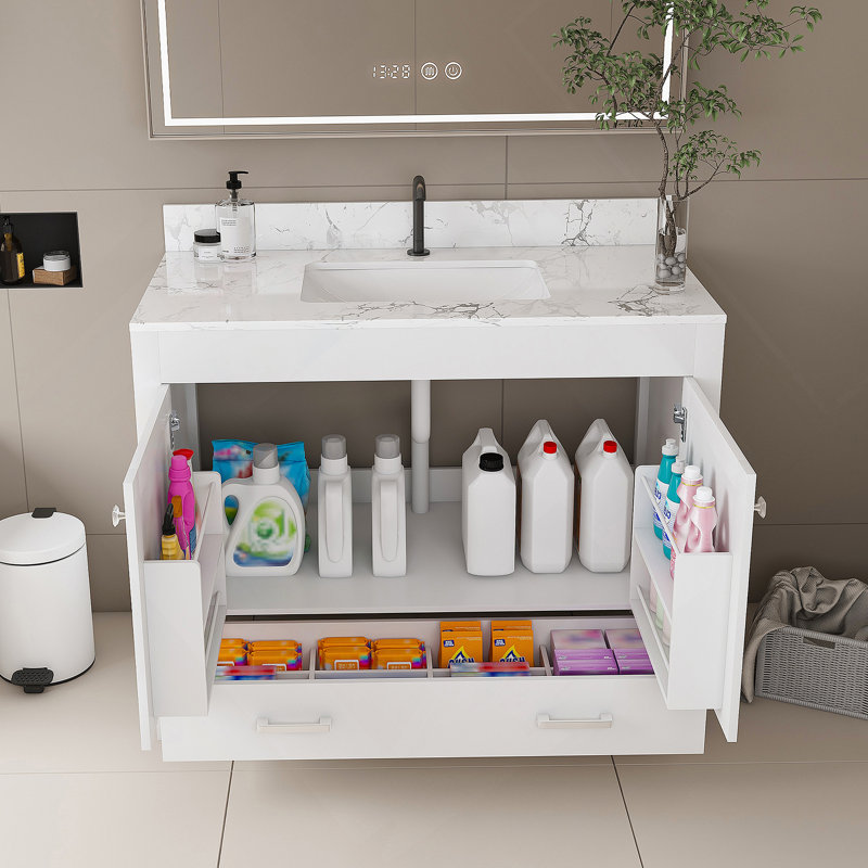 Ensemble de meuble-lavabo moderne 43 po avec plateau en marbre de Carrare blanc, armoire de salle de bain multifonctionnelle avec portes et tiroir, cadre solide et panneau en bois aggloméré (trou de robinet simple)