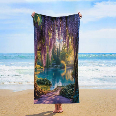 Serviette de plage surdimensionnée en microfibre Wisteria Pond, serviettes de piscine à séchage rapide sans sable, drap de bain léger et absorbant pour les vacances, 36 po x 72 po et un sac en toile de style chinois gratuit est inclus