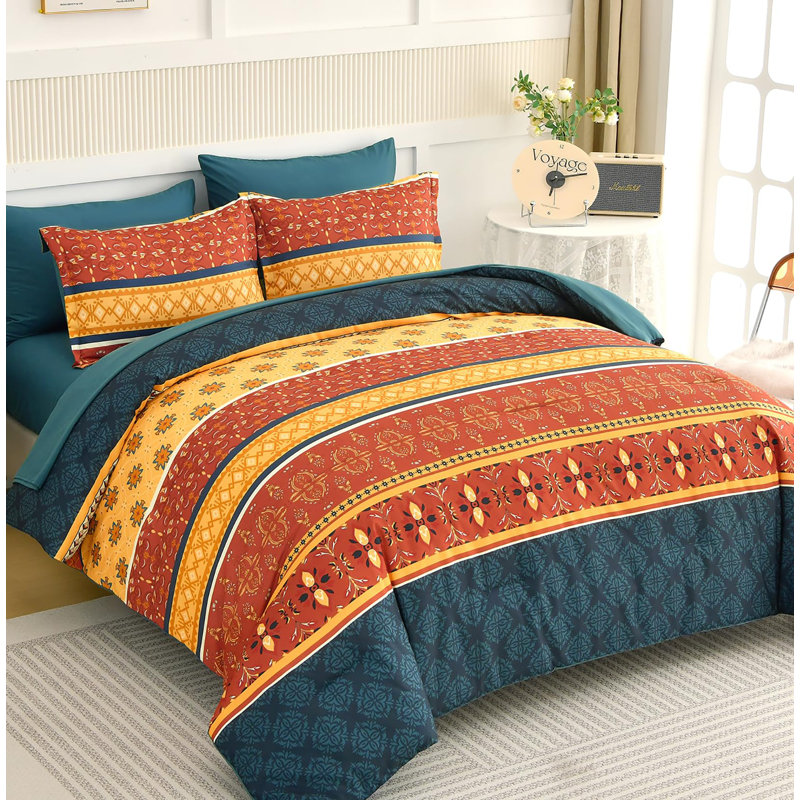 Ensemble d'édredon à rayures florales 7 pièces Bohemian, Édredon de très grande taille et 6 pièces suppl, Orange brûlé