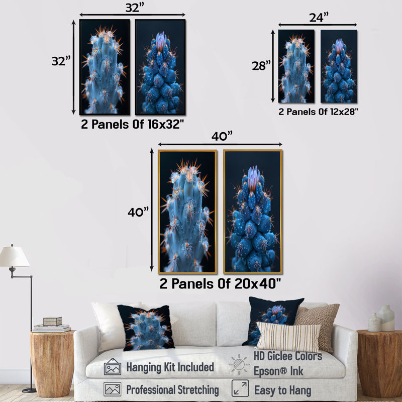 Cactus monochrome orange, bleu, désert, lueur I - ensemble de 2 cactus floraux, H 40 po x l 40 po, Impression encadrée