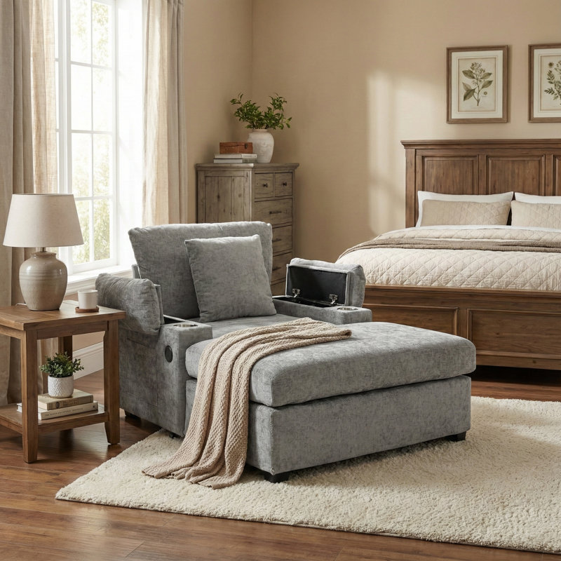 Modern Oversized Chair with Ottoman,Chenille Fabric Sofa Bed,Accent Chair Comfy Sofa with Cupholders and USB Charging Ports Chair for Living Room,Bedroom,Apartment