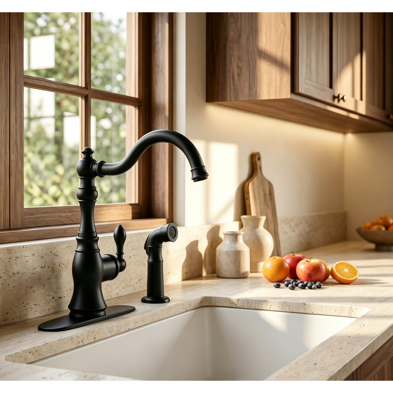Single Handle Kitchen Faucet With Side Spray,2 Hole Or 4 Hole Installation,, Matte Black