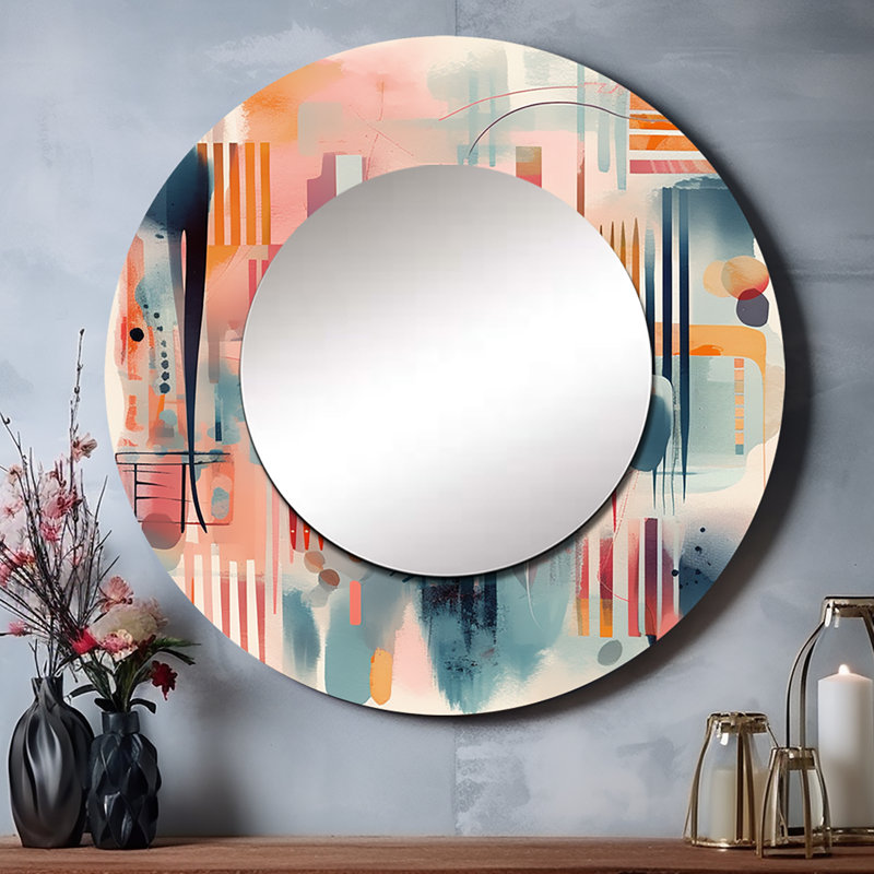 Pradyum orange et bleu artistique Expressions III - miroir mural décoratif géométrique, grand miroir rond moderne, art imprimé en métal