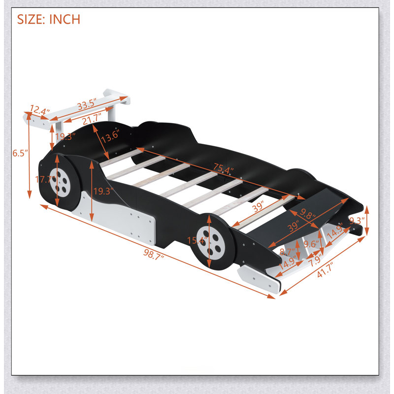 Race Car-Shaped Platform Bed With Wheels, Black