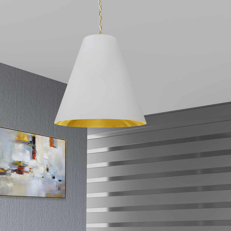 Luminaire suspendu conique à 1 lumière Ambrosio, Blanc, H 24 po x l 26 po x P 26 po, Laiton vieilli