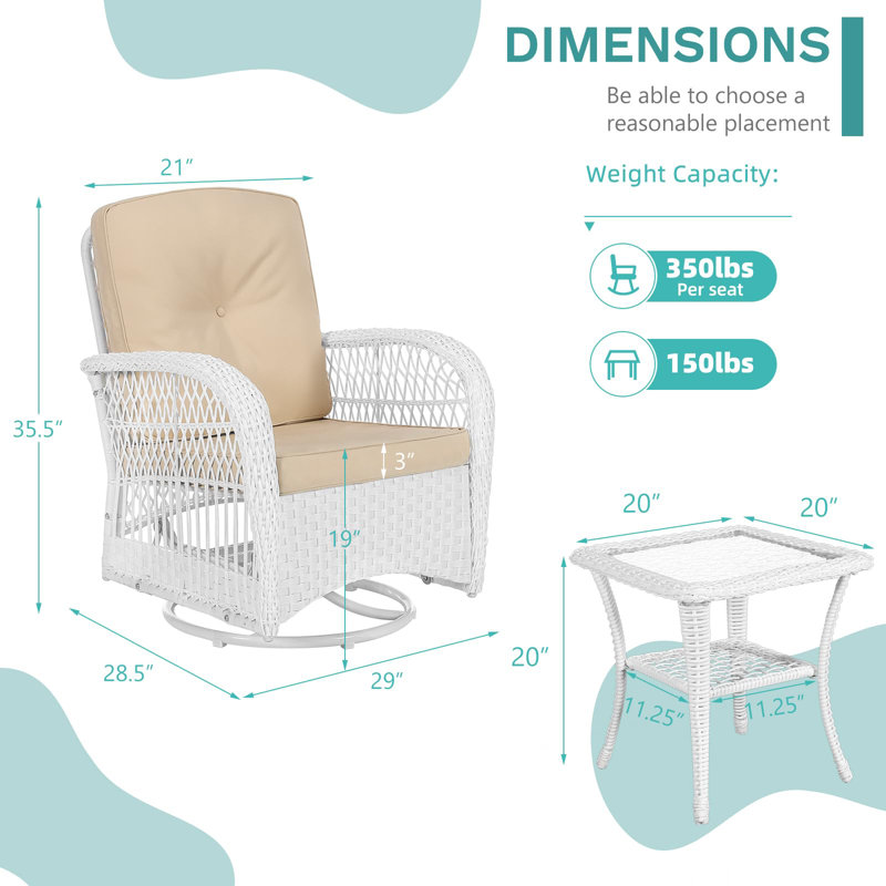 Ensemble de patio pivotant en osier 3 pièces Timmithy Winston Porter, Beige