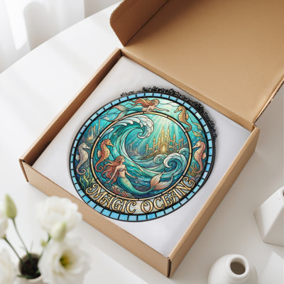 12"H Mermaid Ocean Stained Glass Window Panel