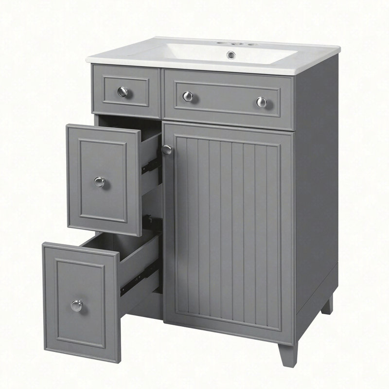 Meuble-lavabo 24 po avec lavabo en céramique, 2 tiroirs, 1 porte à fermeture en douceur, Gris