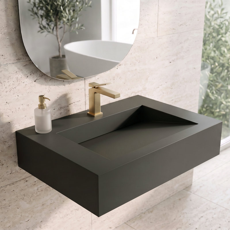 Pyramid 30" Wall Mounted Rectangular Solid Surface Bathroom Sink in Matte Finish, Black, Black