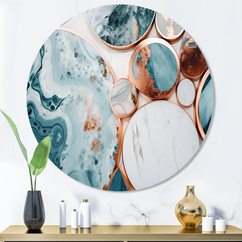 Océan marbré Hald Circle Abstract II - marbre abstrait rond, art mural sur métal, H 36 po x l 36 po x P 1 po