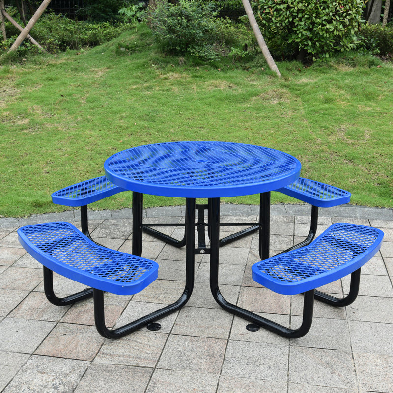 Table de pique-nique bleue en acier de 46 po avec support pour parasol, idéale pour manger à l'extérieur, camping, pique-nique, pêche, table robuste, bleu, fixation, cour arrière