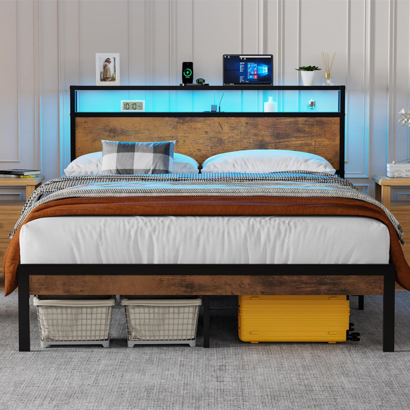 Full Size Metal Bed Frame with Headboard with LED Lights & Charging Station,w/Solid 11 Bed Legs, No Box Spring Needed, Full