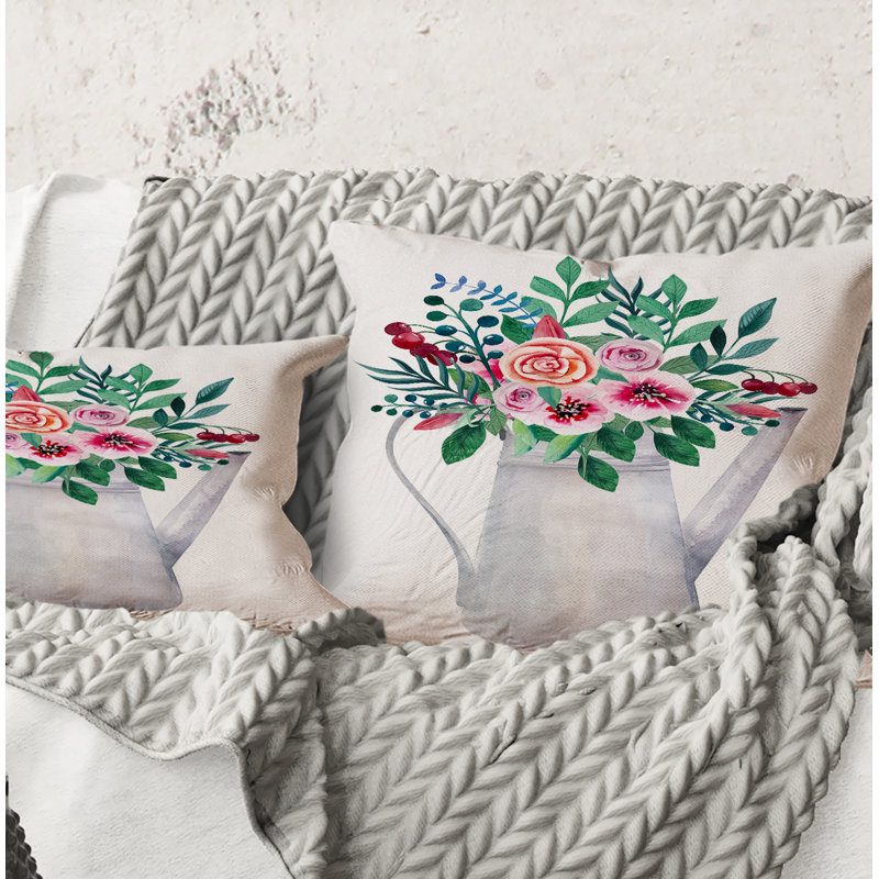 Carré, bouquets de fleurs dans un pot de fleurs rustique - coussin décoratif traditionnel, 18" x 18"