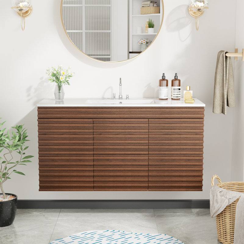 Wall-mount Walnut  Bathroom Vanity With Sink, 48"
